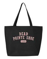 Black canvas Dead Pointe Shoe Club tote bag from Covet Dance with blush collegiate lettering and long carry handles