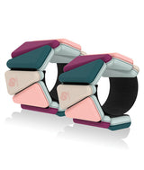 Colorful geometric ankle and wrist weights with Covet Dance logo on a white background