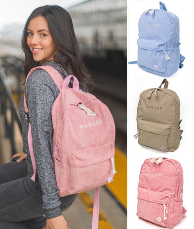 Covet Dance corduroy dancer backpacks available in three colors: Light Blue, Beige Oatmeal, and Rose Pink