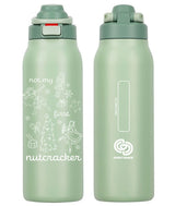 Front and Back of sage green Not My First Nutcracker water bottle on a white background. The left shows the front with white line-art illustrations of nutcracker figures, a Christmas tree, and the text 'not my first nutcracker'.