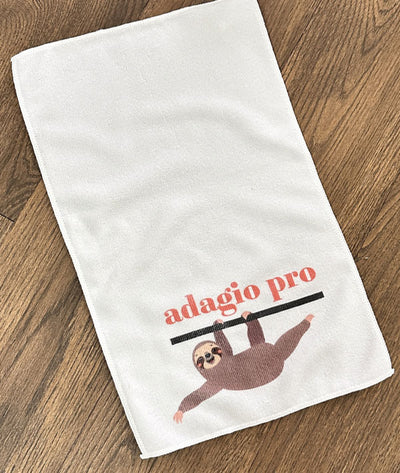 Cute sloth Adagio Pro sweat towel for ballerinas to keep in their dance bags