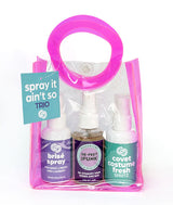 Three freshening sprays for dancers in a clear bag with pink handle, featuring 'spray it ain't so TRIO' packaging.