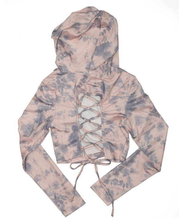 Back of lace up marbled crop hoodie