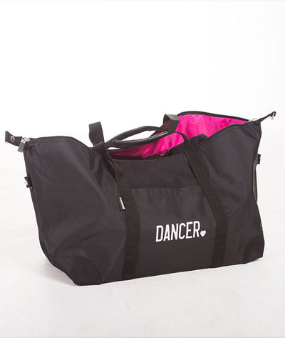 The perfectly pink interior of this duffel is all wrapped up in a tantalizing mix of sleek black microfiber and two-tone nylon. Featuring a spacious main compartment and zipper pockets inside and out.