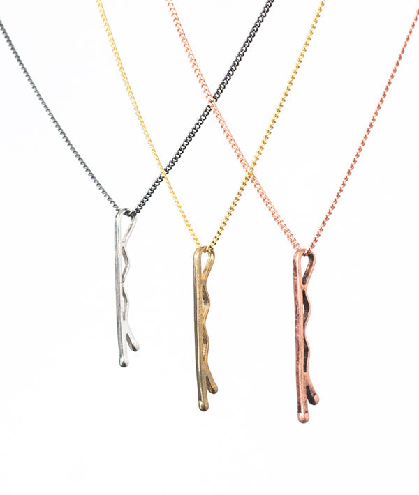 Bobby Pin Charm Necklaces in Silver, Brass, and Antique Rose Gold