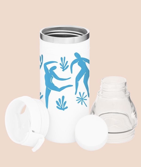 Tumbler with blue artsy dancing figures and two different lids on a beige background