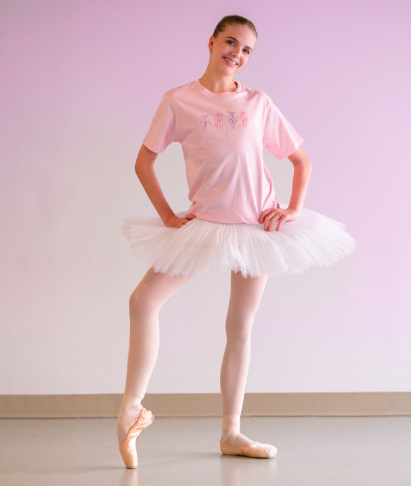 Four Colorful Pointe Shoe Illustrations on a Cute Pink Tee