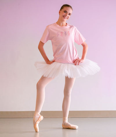 Four Colorful Pointe Shoe Illustrations on a Cute Pink Tee