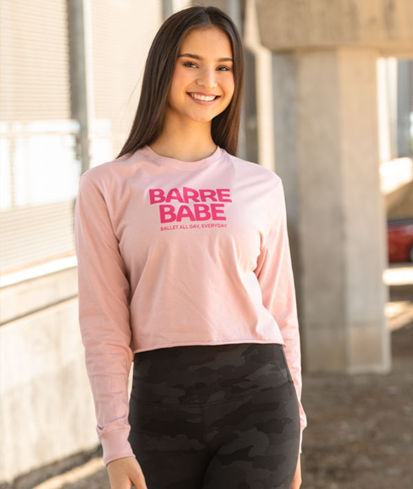 Long sleeve tee for ballerinas with Barre Babe screenprinted on it