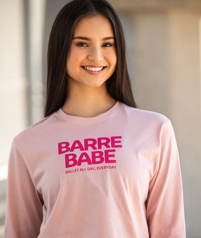 Close up of Barre Babe Long Sleeve Crop tee for ballerinas who BALLET ALL DAY, EVERYDAY