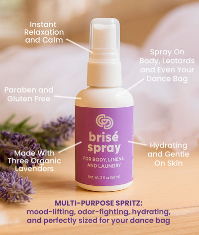 Lavender Brisé Spray from Covet Dance brings instant calm and relaxation after a long day at the dance studio or rehearsals.