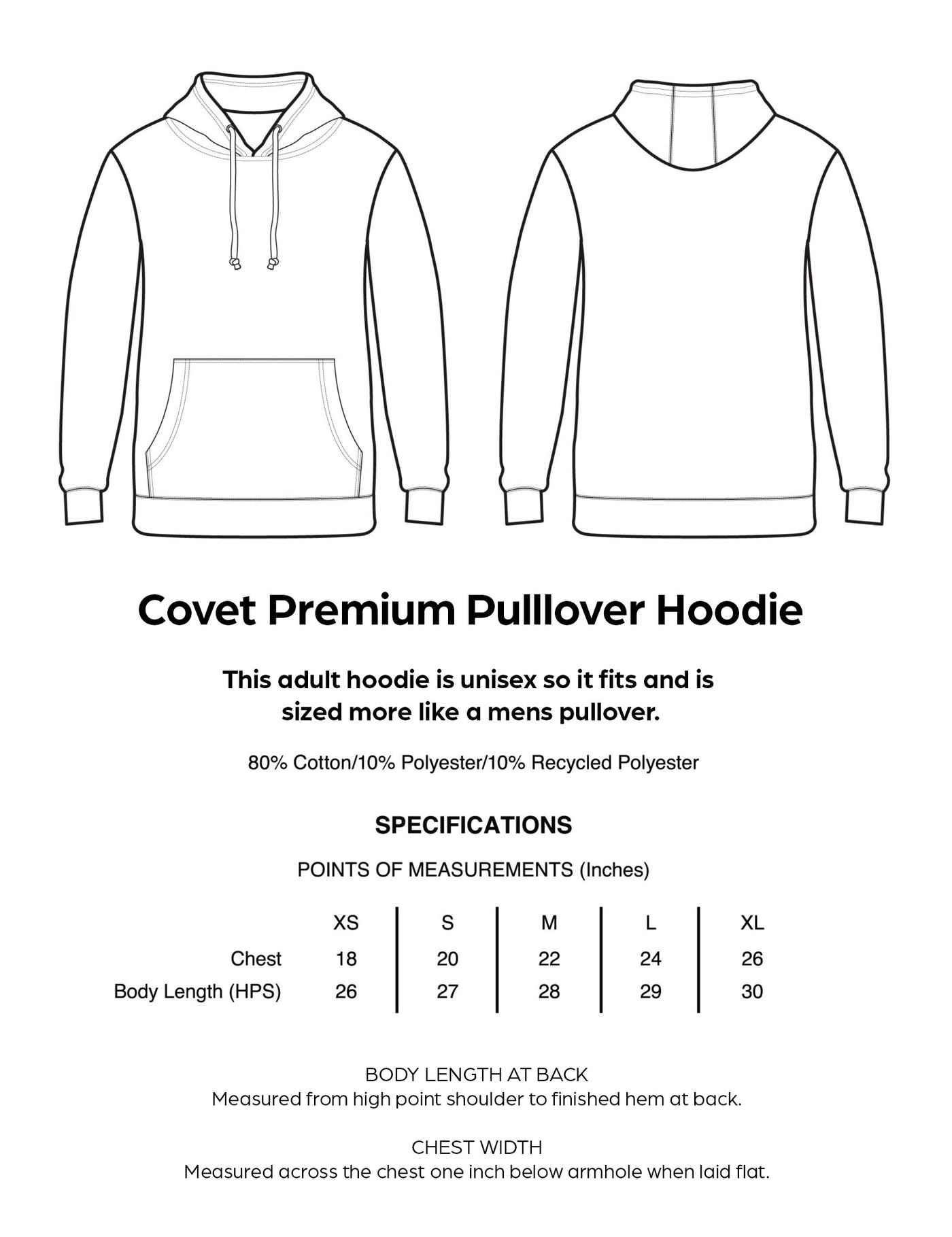 Covet Premium Hoodie Sizing and Specs