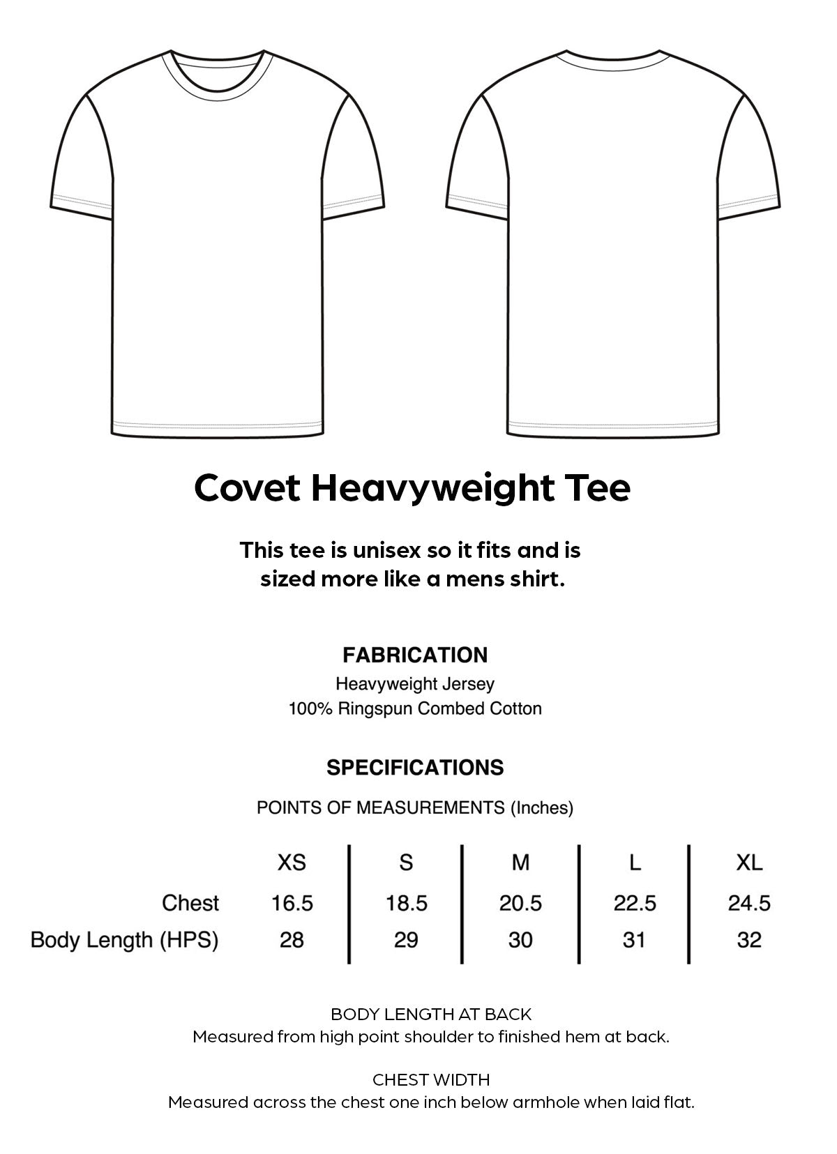 Covet Heavyweight Tee Sizing and Specs