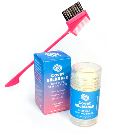 Covet SlickBack hair wax styling stick for dancers with pink brush comb and blue box on a white background