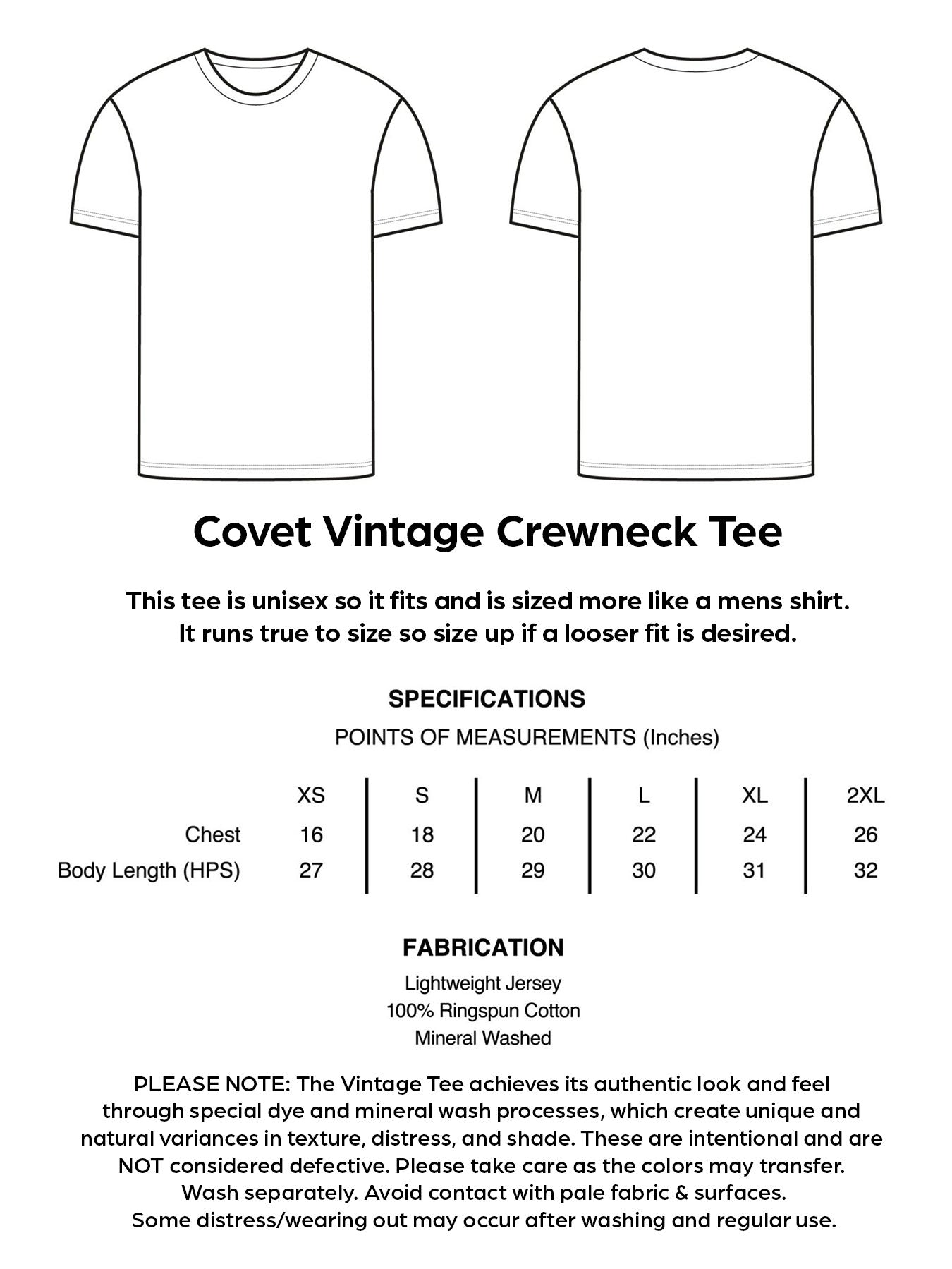 Covet Vintage Tee Sizing and Specs