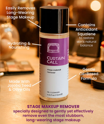 Curtain Call Stage Makeup Remover bottle with text highlighting features on a backstage dressing room table