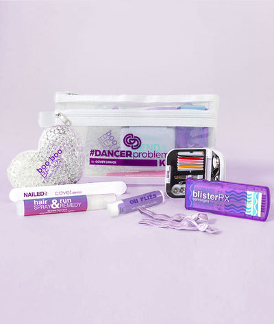 Collection of products to help dancers be prepared for any backstage emergency on a light purple background