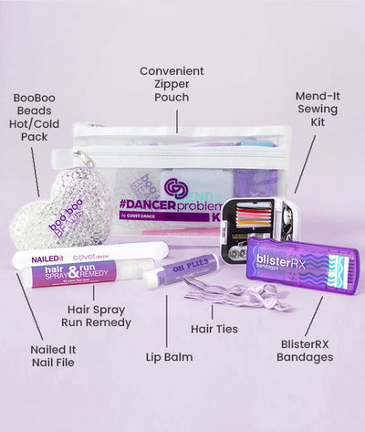 Dancer Problems Kit products including a boo boo beads hot/cold pack, zipper pouch, lip balm, hair spray, and bandages on a purple background