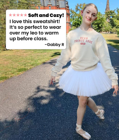 Ballerina, Gabby R, wearing Dead Pointe Shoe Club sweatshirt from Covet Dance on college campus