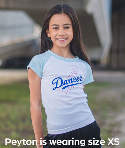 10 year old Peyton wearing Covet's dancer Game Day raglan tee