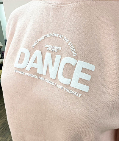Just Another Day at the Dance Studio pale pink sweatshirt printed with puffy ink