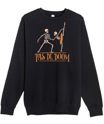 Black crewneck sweatshirt with Covet Dance skeleton couple and 'Pas de Doom' text 