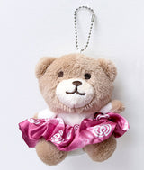Plush ballerina teddy bear keychain with a pink scrunchie tutu skirt on a white background