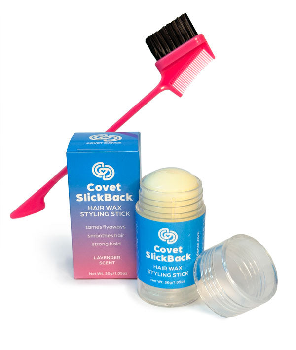 Covet SlickBack hair wax styling stick with pink brush/comb and box on a white background