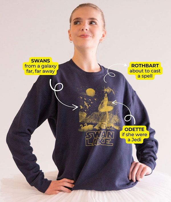 Swan Lake Star Wars-Inspired crewneck sweatshirt with callouts for Odette, Rothbart, and the Swans