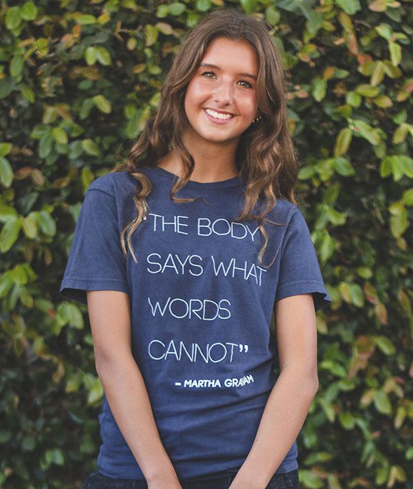 Ballerina, Annabel, wearing Martha Graham Quote tee for dancers