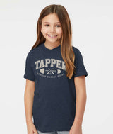 Young girl wearing a Covet Dance navy blue t-shirt with 'TAPPER' varsity-style branding on a white background