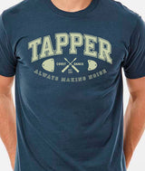 Navy blue t-shirt with ' Varsity Tapper' graphic design from Covet Dance on a white background