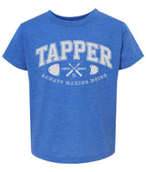 Blue toddler sized t-shirt with 'Tapper' graphic design on a white background