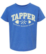 Blue toddler sized t-shirt with 'Tapper' graphic design on a white background