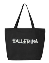 Black tote bag with 'BALLERINA' printed to look like it's made of tape