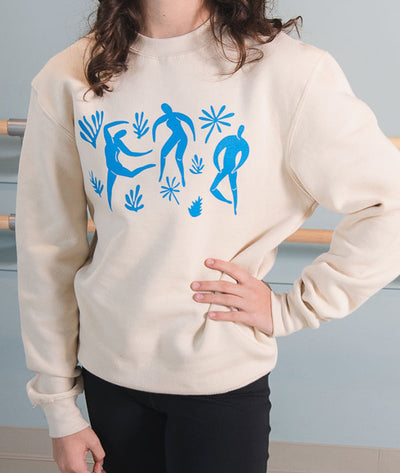 Matisse-inspired "Art of Dance" design on sand crewneck sweatshirt