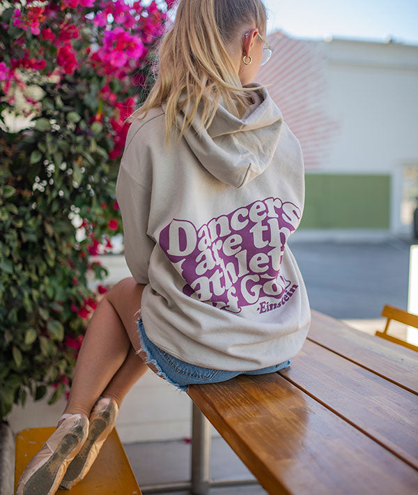 Tan-colored hoodie especially for dancers with Einstein quote