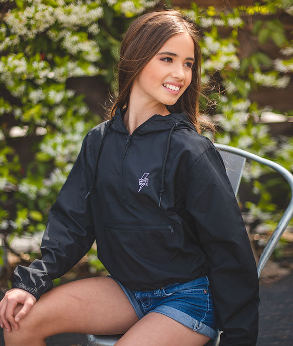 Black Crop Windbreaker with Lightening Bolt Covet Dance Logo