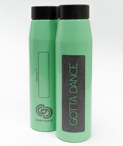 Back and Front of mint green Gotta Dance water bottle with black sparkly imprint