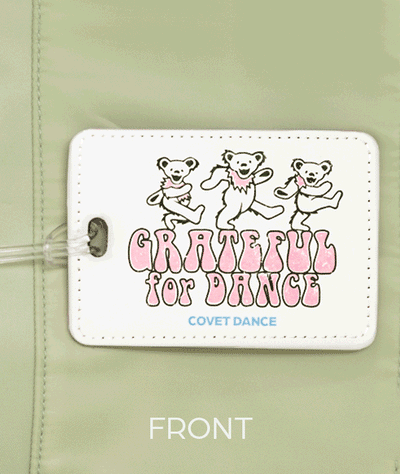 glitter back polyleather luggage tag with dancing bears and quote in color