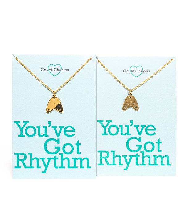Gold and Brass Tap Charm Necklaces with You've Got Rhythm card