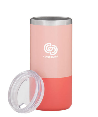 Back of peach coffee tumbler with push on lid removed