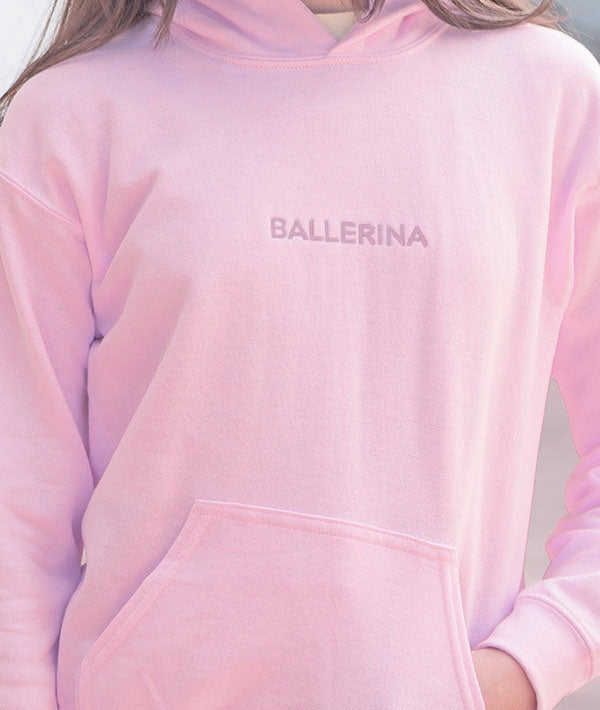 close up of pink ballerina hoodie