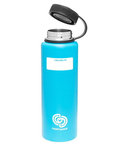 Back of matte aqua hydrations flask with personalization area